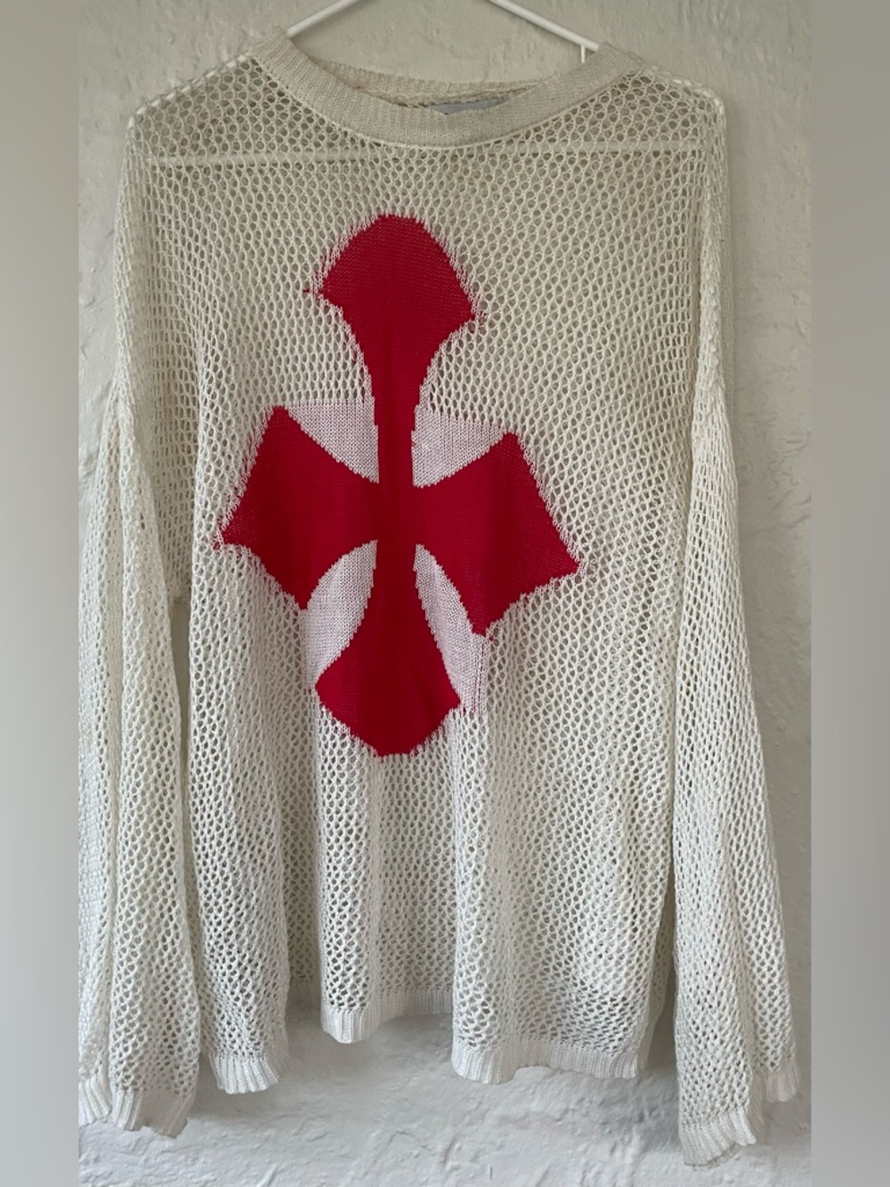 Wicked Glimmer TEMPLAR'S CUIRASS white open stitch balloon sleeve pullover; S